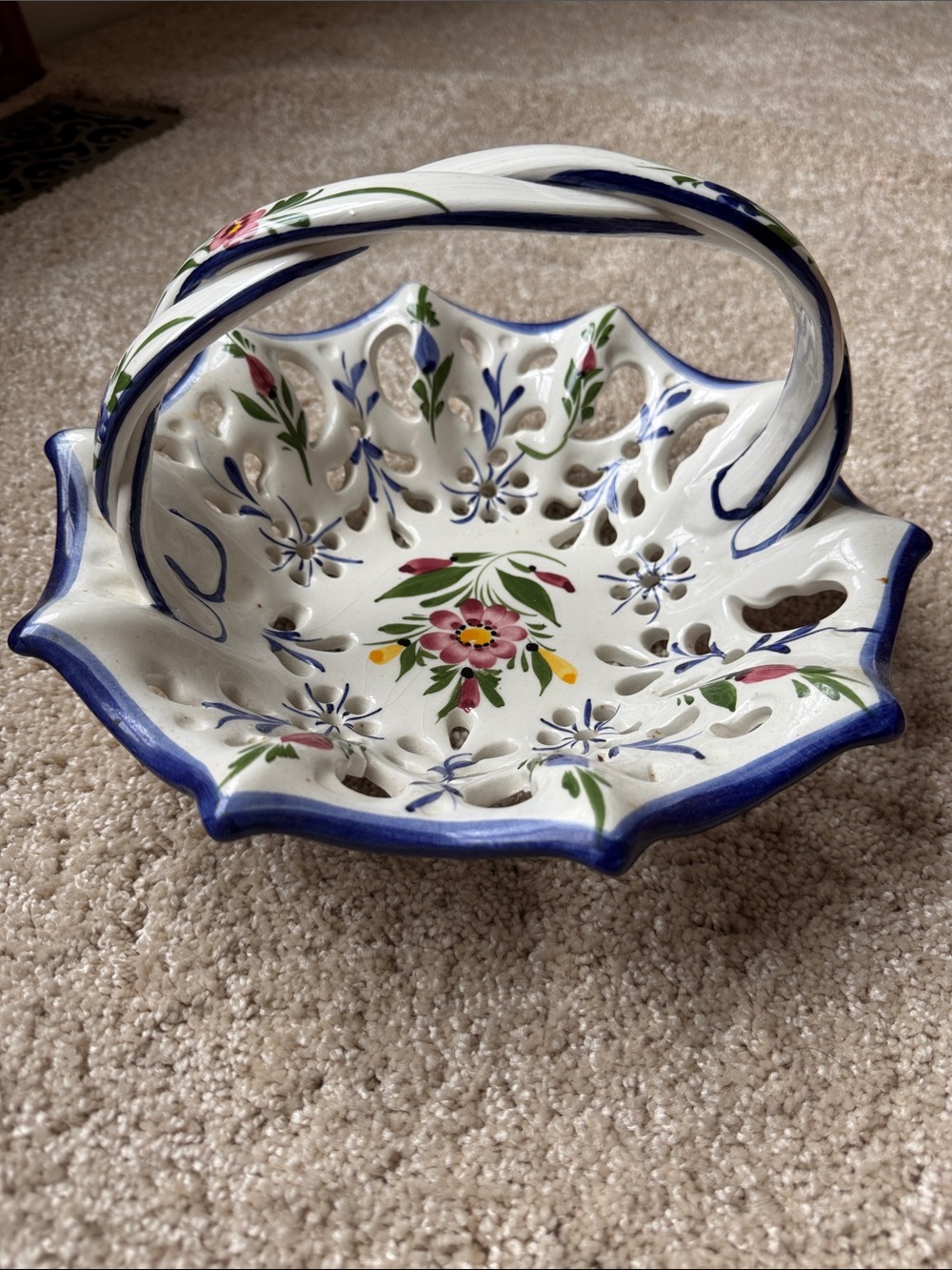 Hand-Painted Ceramic Basket Bowl in White with Blue Trim